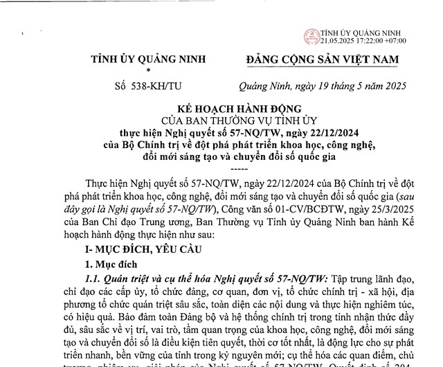 Ban hành Kế hoạch hành động thực hiện Nghị quyết số 57-NQ/TW