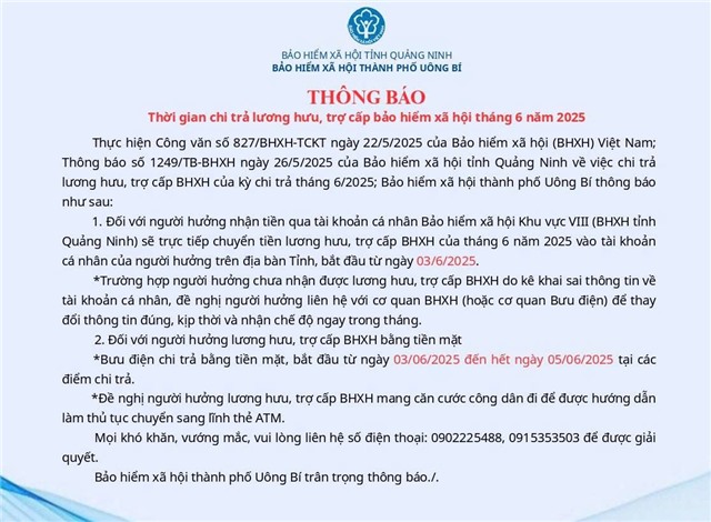 Thông báo thời gian chi trả lương hưu, trợ cấp bảo hiểm xã hội tháng 6 năm 2025