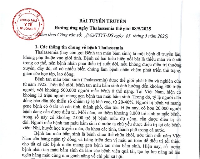 Hưởng ứng ngày Thalassemia thế giới 8-5-2025 