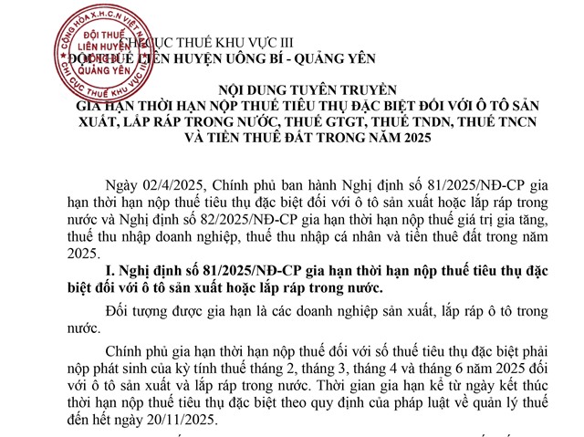 Gia hạn thời hạn nộp thuế tiêu thụ đặc biệt đối với ô tô sản xuất, lắp ráp trong nước, thuế GTGT, thuế TNDN, thuế TNCN và tiền thuê đất trong năm 2025