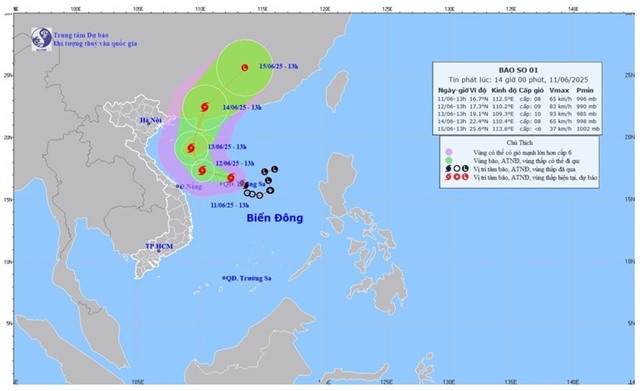 Bão số 1 di chuyển theo hướng Tây Tây Bắc, gây mưa lớn tại Trung Trung Bộ, bắc Tây Nguyên