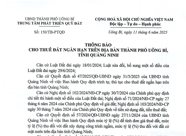 Thông báo cho thuê đất ngắn hạn trên địa bàn thành phố Uông Bí, tỉnh Quàng Ninh
