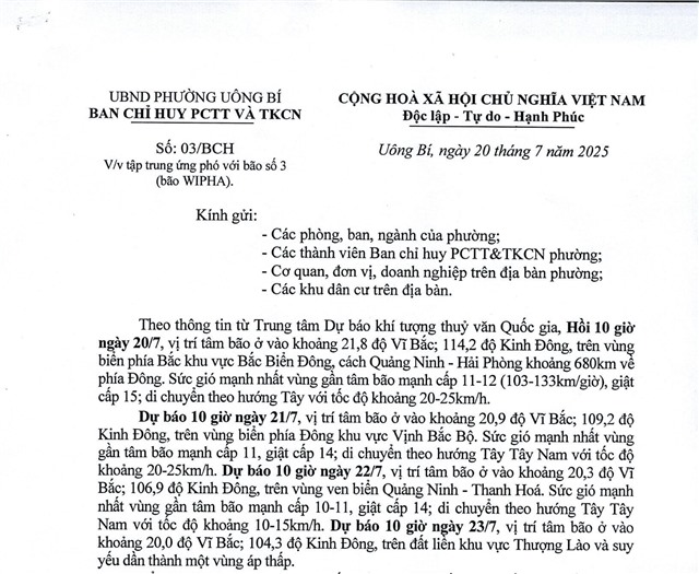 V/v tập trung ứng phó với bão số 3 (bão WIPHA)
