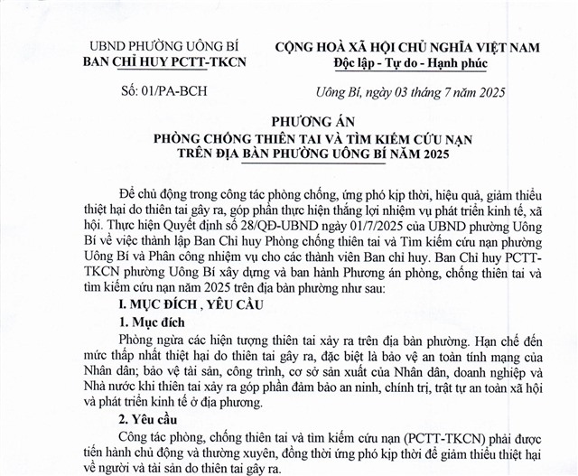 Phương án phòng chống thiên tai và tìm kiếm cứu nạn trên địa bàn phường Uông Bí năm 2025