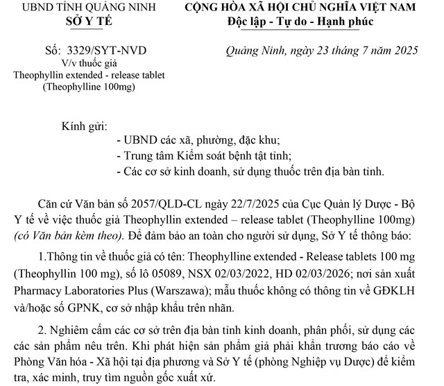 Thông báo về thuốc giả Theophyllin extended – release tablet (Theophylline 100mg)