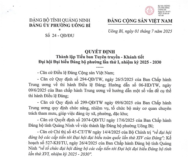 Quyết định thành lập tiểu ban tuyên truyền - khánh tiết Đại hội Đại biểu Đảng bộ phường lần thứ I, nhiệm kỳ 2025 - 2030 