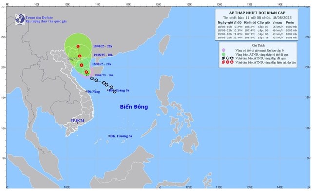 Áp thấp nhiệt đới vào vịnh Bắc Bộ, gây mưa to tại Đông Bắc Bộ và Bắc Trung Bộ