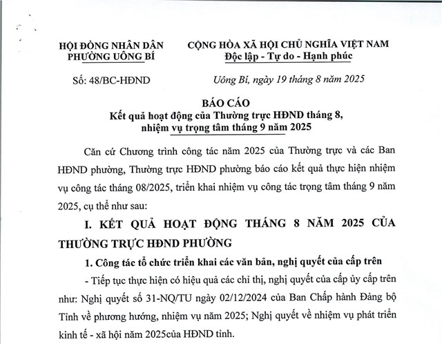 Báo cáo kết quả hoạt động của Thường trực HĐND tháng 8, nhiệm vụ trọng tâm tháng 9 năm 2025