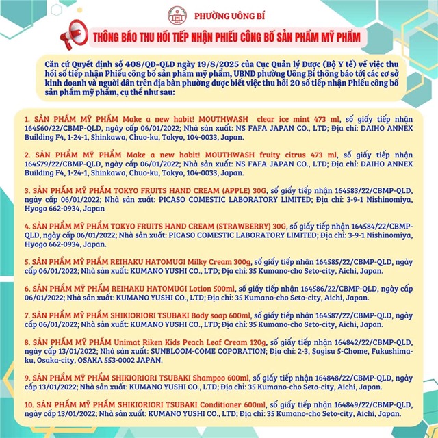 Thông báo thu hồi tiếp nhận phiếu công bố sản phẩm mỹ phẩm