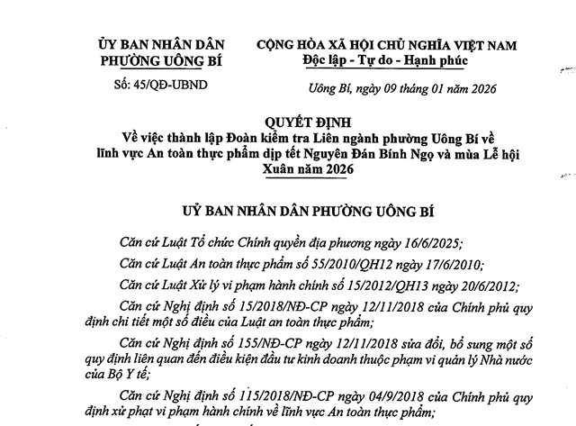 Quyết định về việc thành lập Đoàn kiểm tra Liên ngành phường Uông Bí về lĩnh vực An toàn thực phẩm dịp Tết Nguyên đán Bính Ngọ và mùa Lễ hội Xuân năm 2026