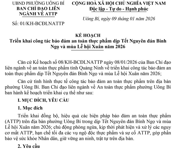 Kế hoạch triển khai công tác bảo đảm an toàn thực phẩm dịp Tết Nguyên đán Bính Ngọ và mùa Lễ hội Xuân năm 2026