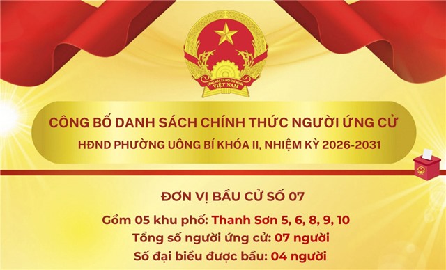 DANH SÁCH CHÍNH THỨC NHỮNG NGƯỜI ỨNG CỬ ĐẠI BIỂU HỘI ĐỒNG NHÂN DÂN PHƯỜNG UÔNG BÍ KHÓA II  NHIỆM KỲ 2026 - 2031 