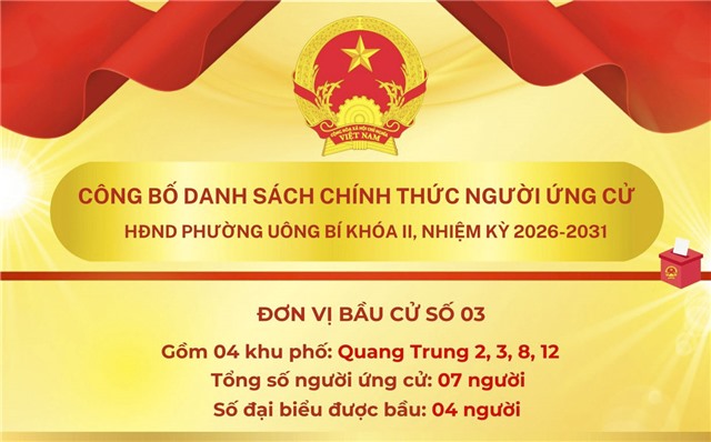 DANH SÁCH CHÍNH THỨC NHỮNG NGƯỜI ỨNG CỬ ĐẠI BIỂU HỘI ĐỒNG NHÂN DÂN PHƯỜNG UÔNG BÍ KHÓA II NHIỆM KỲ 2026 - 2031