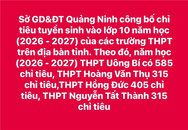 Sở GD&ĐT Quảng Ninh công bố chỉ tiêu tuyển sinh vào lớp 10 năm học (2026 - 2027) của các trường THPT trên địa bàn tỉnh