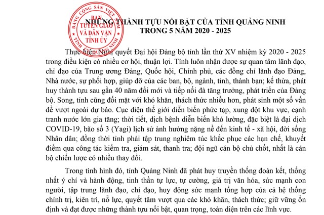 NHỮNG THÀNH TỰU NỔI BẬT CỦA TỈNH QUẢNG NINH TRONG 5 NĂM 2020 - 2025