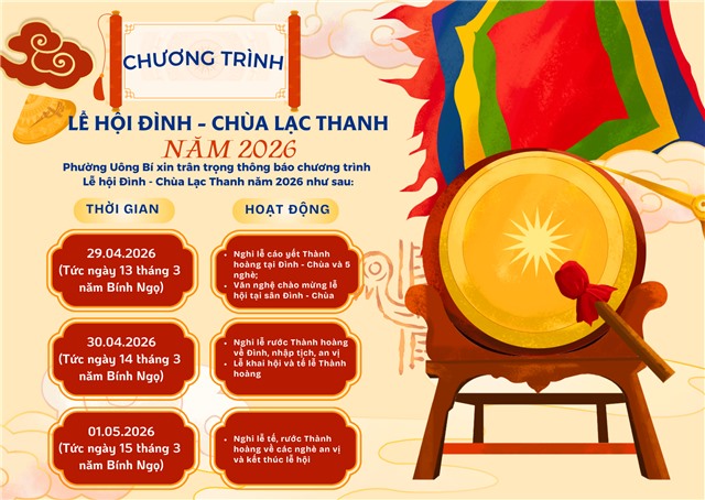 Lễ hội Đình – Chùa Lạc Thanh năm 2026 sẽ diễn ra từ 29/4 đến 01/5/2026 tại khu vực Đình – Chùa và các Nghè