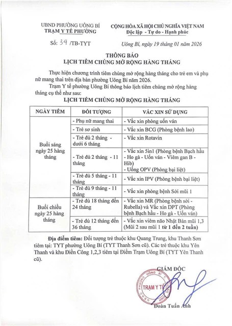 Phường Uông Bí triển khai kế hoạch tiêm chủng mở rộng tháng 4