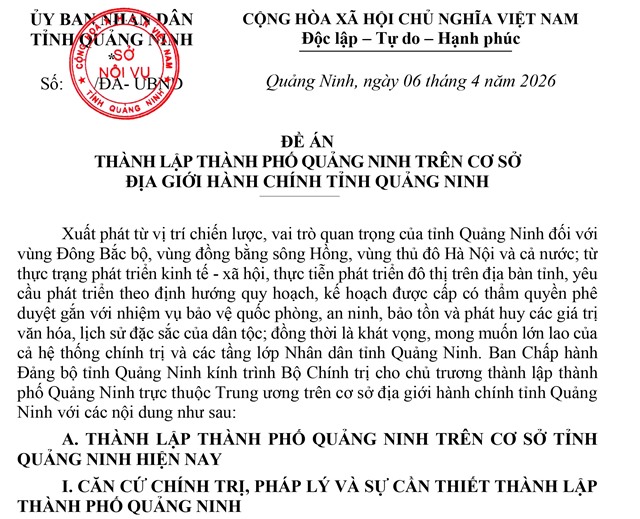 ĐỀ ÁN THÀNH LẬP THÀNH PHỐ QUẢNG NINH TRÊN CƠ SỞ ĐỊA GIỚI HÀNH CHÍNH TỈNH QUẢNG NINH