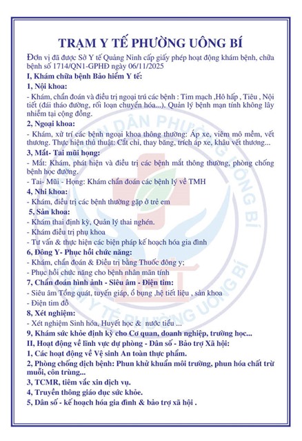 BẮT ĐẦU TỪ 13/05/2026, TRẠM Y TẾ PHƯỜNG UÔNG BÍ CHÍNH THỨC NÂNG CẤP TOÀN DIỆN DỊCH VỤ KHÁM CHỮA BỆNH