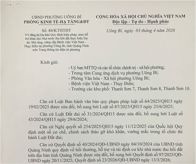 Đăng tải Dự thảo Quy định biện pháp, mức hỗ trợ khác khi Nhà nước thu hồi đất thực hiện Dự án: Mở rộng, nâng cấp Bệnh viện Việt Nam - Thụy Điển tại phường Uông Bí, tỉnh Quảng Ninh trên Trang thông tin điện tử phường