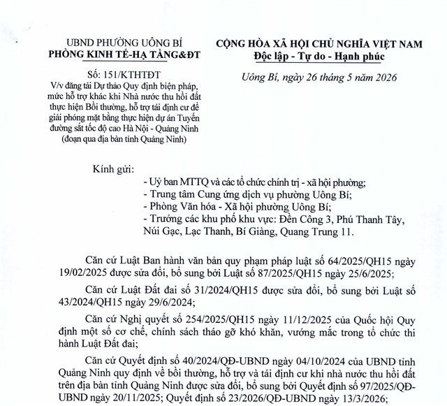 Đăng tải dự thảo quy định biện pháp, mức hỗ trợ khác khi Nhà nước thu hồi đất thực hiện bồi thường, hỗ trợ tái định cư để giải phóng mặt bằng thực hiện dự án tuyến đường sắt tốc độ cao Hà Nội – Quảng Ninh 