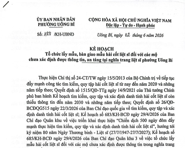 Kế hoạch tổ chức lấy mẫu, bàn giao mẫu hài cốt liệt sĩ đối với các mộ chưa xác định được thông tin, an táng tại nghĩa trang liệt sĩ phường Uông Bí