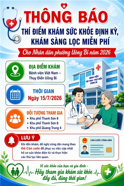Thông báo thí điểm khám sức khỏe định kỳ, khám sàng lọc miễn phí cho nhân dân Phường Uông Bí năm 2026