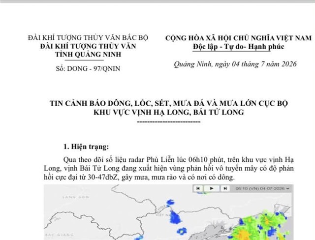 TIN CẢNH BÁO DÔNG, LỐC, SÉT, MƯA ĐÁ VÀ MƯA LỚN CỤC BỘ KHU VỰC VỊNH HẠ LONG, BÁI TỬ LONG