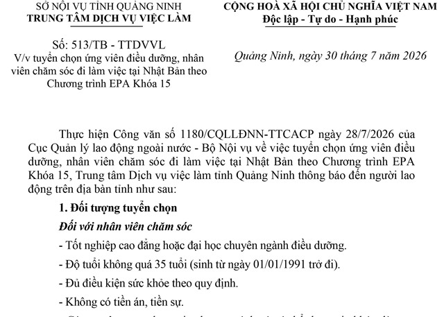 Tuyển chọn ứng viên điều dưỡng, nhân viên chăm sóc đi làm việc tại Nhật Bản theo Chương trình EPA Khóa 15