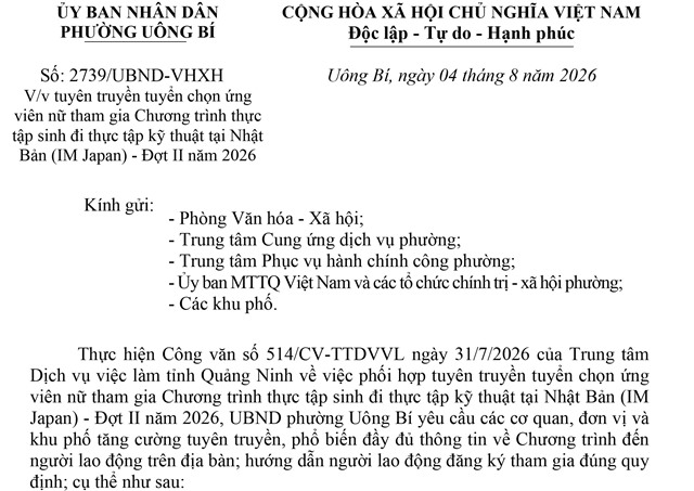 Tuyển chọn ứng viên nữ tham gia Chương trình thực tập sinh đi thực tập kỹ thuật tại NhậtBản (IM Japan) - Đợt II năm 2026