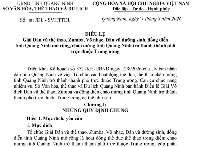 ĐIỀU LỆ Giải Dân vũ thể thao, Zumba, Võ nhạc, Dân vũ dưỡng sinh, đồng diễn tỉnh Quảng Ninh mở rộng, chào mừng tỉnh Quảng Ninh trở thành thành phố trực thuộc Trung ương
