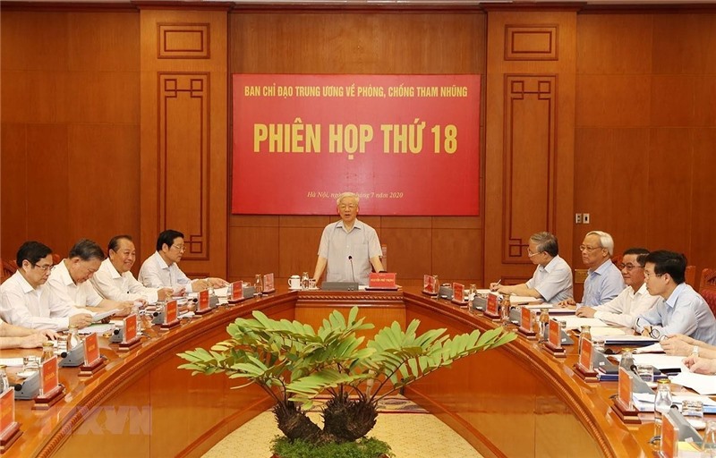 Tổng Bí thư, Chủ tịch nước Nguyễn Phú Trọng phát biểu chỉ đạo phiên họp phiên thứ 18 Ban Chỉ đạo Trung ương về phòng, chống tham nhũng. (Ảnh: Trí Dũng/TTXVN)